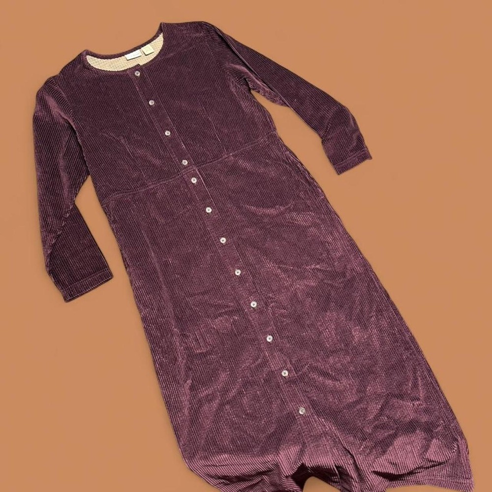 Vintage LL Bean Maxi Dress 12 Burgundy Corduroy Button Front Pockets Long Sleeve